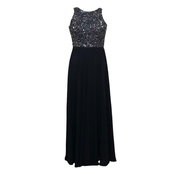 Badgley Mischka Dara Jumpsuit Size 0 Black Silver Sequin Wide Leg